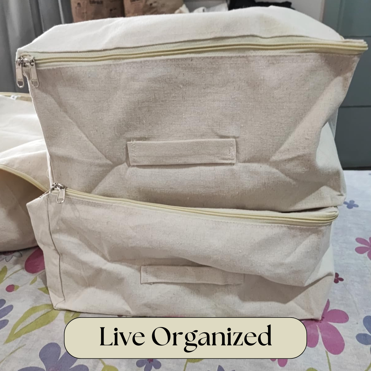 Pack of 5 Cotton Canvas Storage Bags – Off-White (17x14x7")