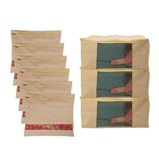 Combo: 3 Cotton Storage Bags (17x14x7") + 6 Zipper Cotton Saree Covers