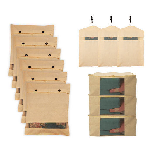 Combo: 3 Cotton Storage Bags (17x14x7") + 6 Button Cotton Saree Covers + 3 Hanging Covers (28x18")
