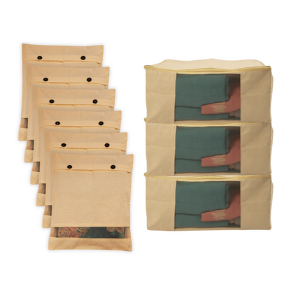 Combo: 3 Cotton Storage Bags (17x14x7") + 6 Button Cotton Saree Covers