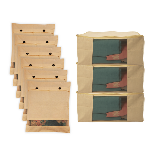 Combo: 3 Cotton Storage Bags (17x14x7") + 6 Button Cotton Saree Covers