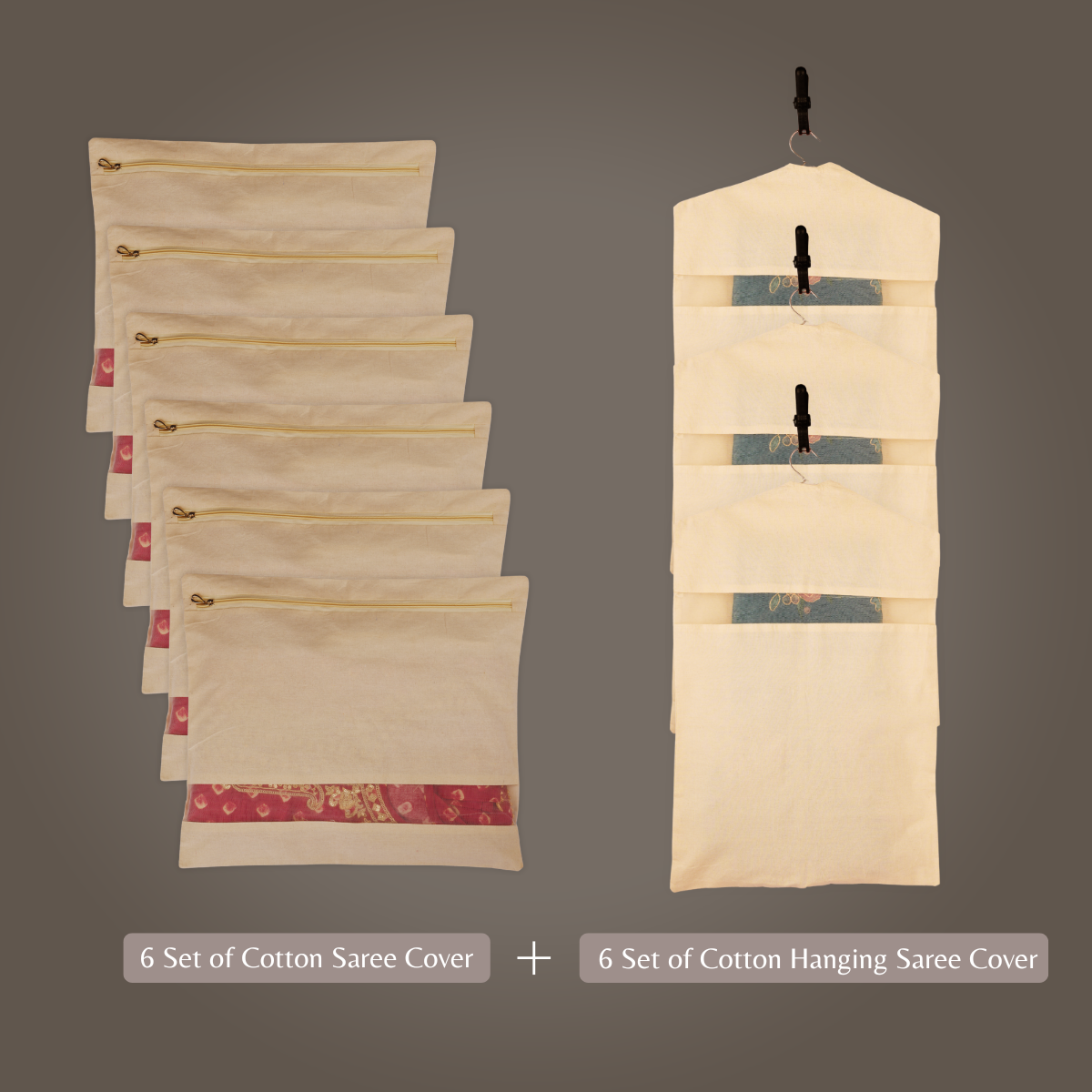 Combo: 3 Hanging Saree Covers (28x18") + 6 Zipper Cotton Saree Covers