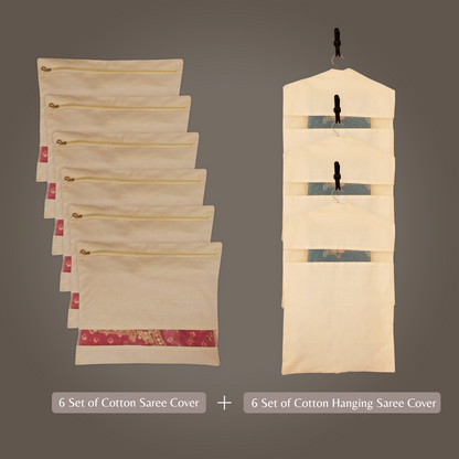 Combo: 3 Hanging Saree Covers (28x18") + 6 Zipper Cotton Saree Covers
