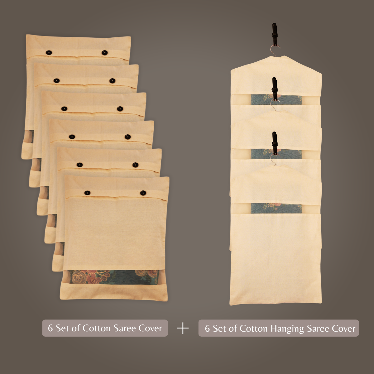 Combo: 3 Hanging Saree Covers (28x18") + 6 Button Cotton Saree Covers